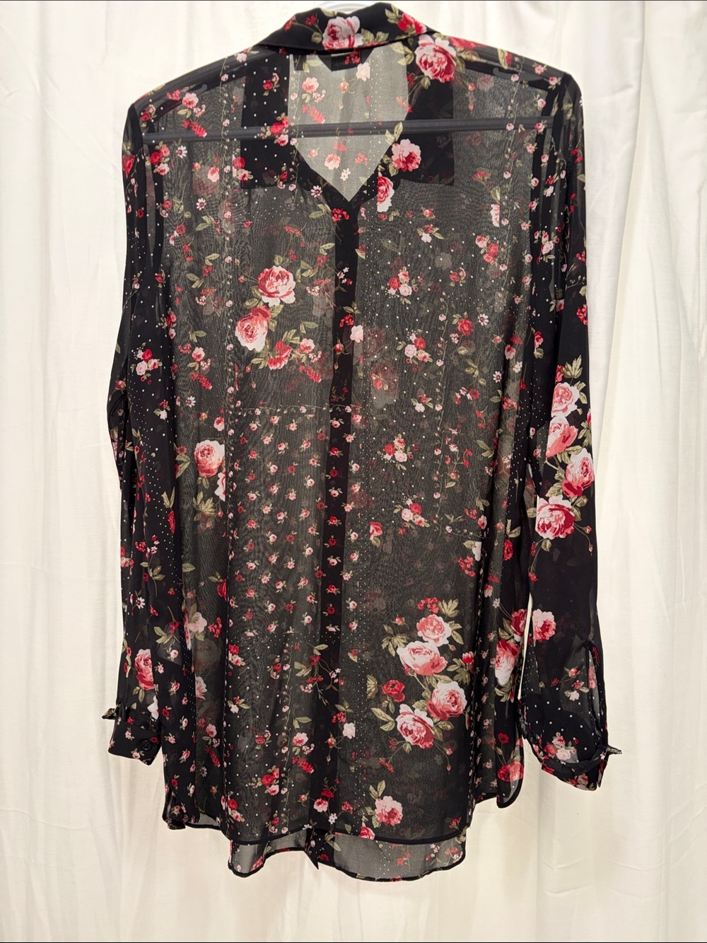 Reitmans Black Sheer Floral Button-Up Blouse with Pink Roses - Picture 6 of 6
